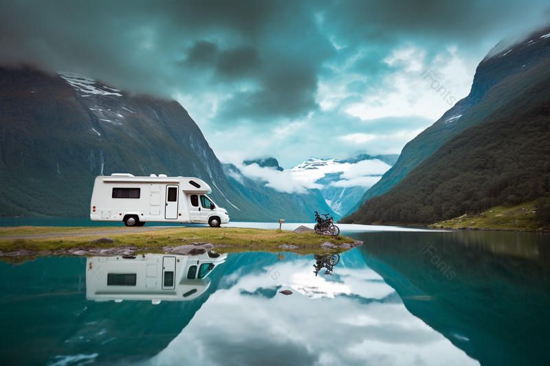 蓝天白云下山川湖泊自驾游房车,高清,摄影图,摄影图片,图片大全,摄影图免费下载